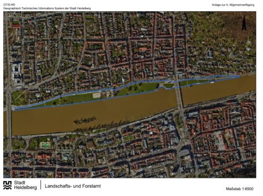 Der Geltungsbereich geht von der Ernst-Walz-Brücke bis 500 Meter östlich der Theodor-Heuss-Brücke und umfasst auch die Kastanienallee. (Foto: Landschafts- und Forstamt) Das Foto zeigt den Geltungsbereich des Aufenthaltsverbots. Der Geltungsbereich geht von der Ernst-Walz-Brücke bis 500 Meter östlich der Theodor-Heuss-Brücke und umfasst auch die Kastanienallee.