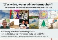 13 Geschichten über Menschen und ihre Erfahrungen mit HIV und AIDS erfahren Besucherinnen und Besucher der Ausstellung vom 4. bis 21. April 2023 im Foyer des Heidelberger Rathauses. (Foto: AIDS Hilfe Heidelberg e.V.) Ein Plakat mit mehreren Menschen und Zeichnungen
