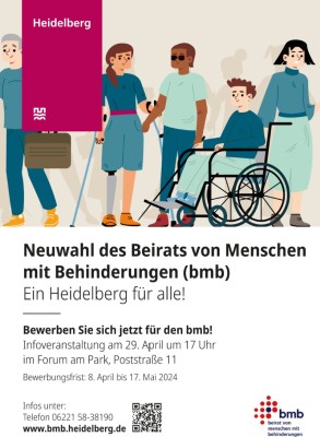Plakat zur Wahl des Beirats von Menschen mit Behinderungen 2024. (Foto: Stadt Heidelberg) Plakat zur Wahl des Beirats von Menschen mit Behinderungen 2024. Darauf sind im Cartoon-Stil blinde Menschen, Menschen in einem Rollstuhl und ähnliches abgebildet.