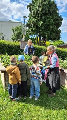Alles unter dem Thema Nachhaltigkeit: Am 7. Mai 2025 fand die Saisoneröffnung an den Hochbeeten (Boxbergring 101) statt. Hier lernen Kinder spielerisch das Gärtnern und entwickeln gleichzeitig ein tieferes Verständnis für Natur und gesunder Ernährung. (Foto Stadtteilmanagement Boxberg) Drei Kinder und zwei Frauen stehen um ein Hochbeet im Grünen.