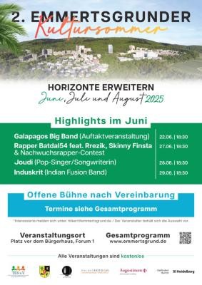 Veranstaltungsplakat Emmertsgrunder Kultursommer In grün und blau gehalrenes Veranstaltungsplakat mit Bilde des Bergstadtteils Emmertsgrund im Hintergund.
