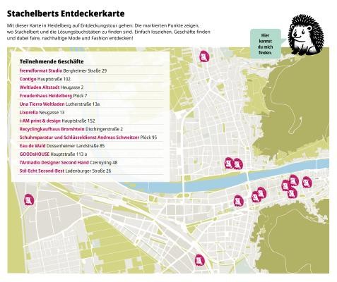 Die Heidelberger Stadtkarte mit den teilnehmenden Einrichtungen der Schaufenster-Aktion mit Stachelbert Die Heidelberger Stadtkarte mit den teilnehmenden Einrichtungen der Schaufenster-Aktion mit Stachelbert