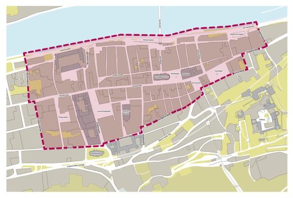 Geltungsbereich der Sperrzeitenverordnung in der Heidelberger Kernaltstadt. (Grafik: Stadt Heidelberg) Ein Ausschnitt der Karte Heidelbergs mit der markierten Sperrzone.