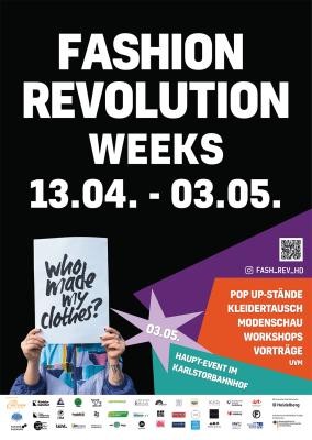 Über die Auswirkungen der globalen Textilindustrie informieren die bundesweiten „Fashion Revolution Weeks“. Von Montag, 13. April, bis Sonntag, 3. Mai 2026, machen zahlreiche Akteurinnen und Akteure in Heidelberg auf die Schattenseiten der Modeindustrie aufmerksam und zeigen zugleich Alternativen auf. (Foto: Fashion Revolution Weeks) Plakat zu den Fashion Revolution Weeks.
