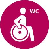 Piktogramm barrierefreie Toilette Mensch im Rollstuhl und Buchstaben WC