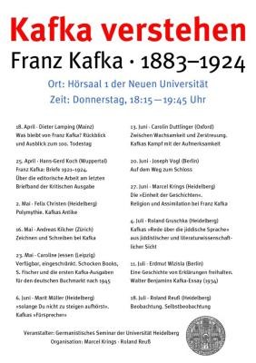 Veranstaltungen der Vortragsreihe "Kafka verstehen" des Gerrmanistischen Seminars. Veranstaltungsliste der Vortragsreihe "Kafka verstehen" des Germanistischen Seminars.
