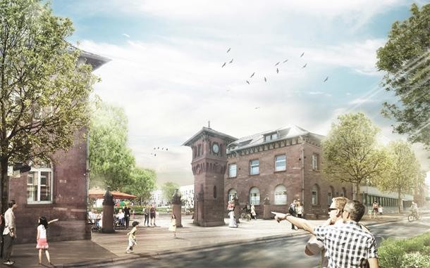 Blick auf das Gelände aus Richtung Bergheimer Straße. (Visualisierung: GDLA Landschaftsarchitekten) Blick auf das Gelände aus Richtung Bergheimer Straße. (Visualisierung: GDLA Landschaftsarchitekten)