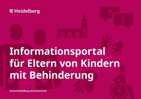 Heidelbeerfarbener Hintergrund mit verschiedenen Piktogrammen und im Vordergrund der Text "Informationsportal für Eltern von Kindern mit Behinderung"