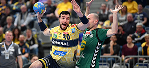 Handballspiel (Foto: Anspach) Zwei Männer kämpfen um einen Handball (Foto: Anspach)